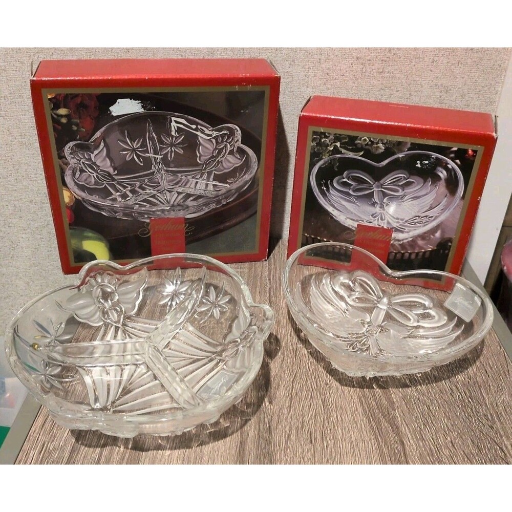 GORHAM Christmas Holiday Traditions 8" & Cardinal Heart Crystal Dish 7"